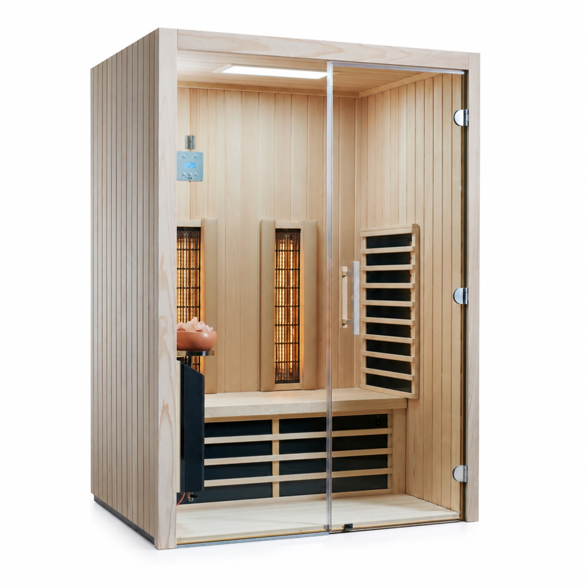 Infraworld TrioSol Glas 145 Tanne RG Infrarotkabine 145x112 cm mit 2 ABC-Strahler Salzverdampfer