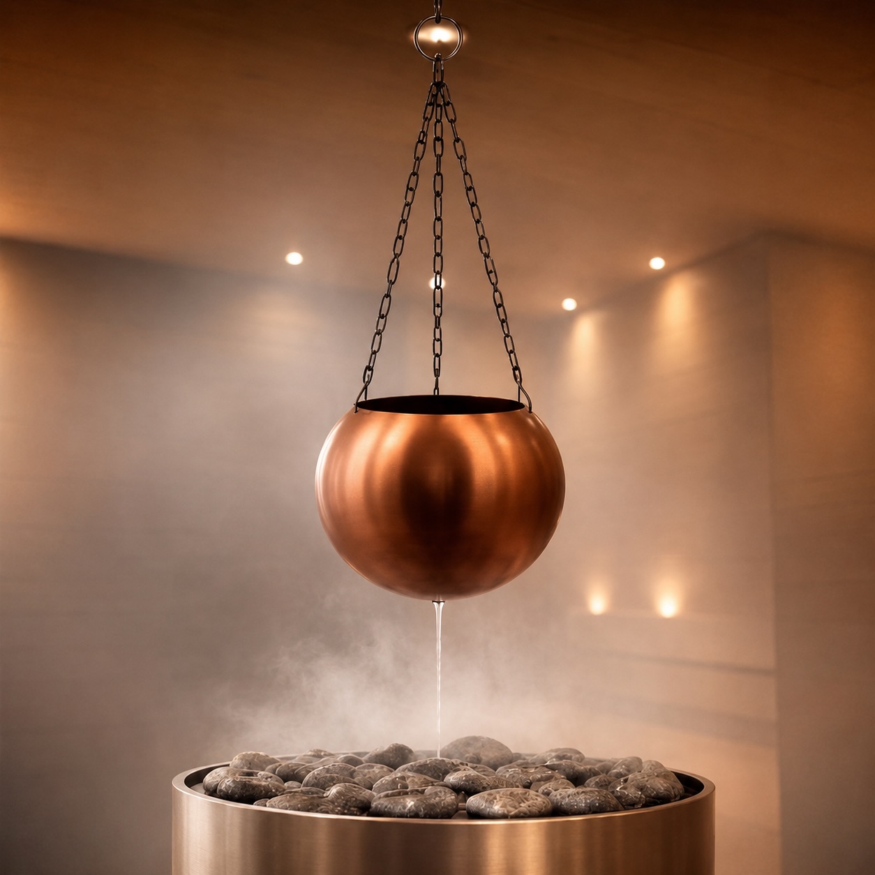 Nikkarien Sauna Aromaschale 3 l aus Edelstahl verkupfert mit einstellbarem Tropfventil inkl. Kette