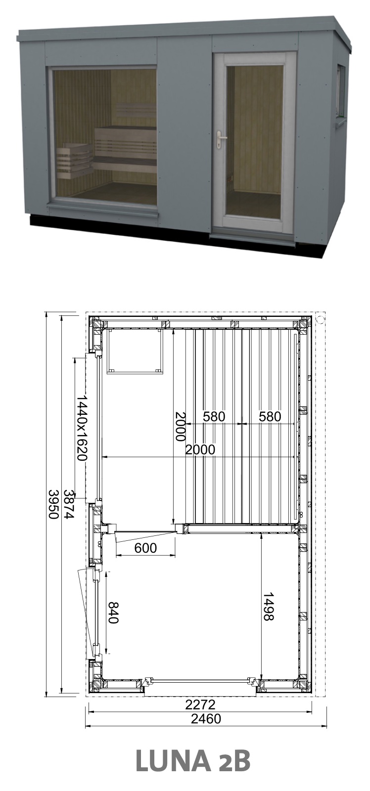Infraworld Luna 2 Außensauna mit HPL-Platten Anthrazit versch. Fenstergrößen und Inneneinrichtung