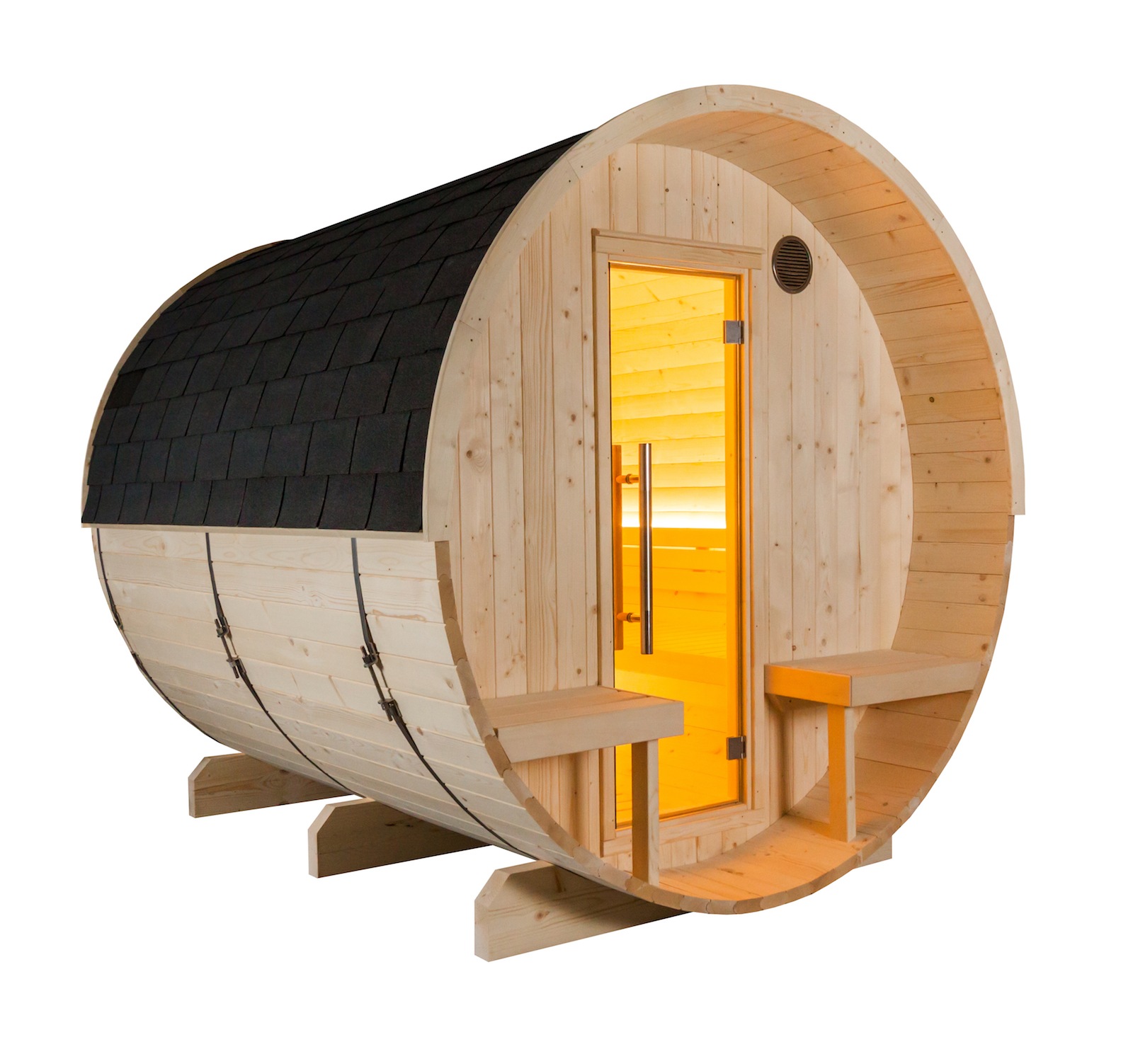 Harvia Kuusi 240 Canopy Fasssauna aus Fichte Gartensauna mit Dacheindeckung Ø 220 x 240 cm