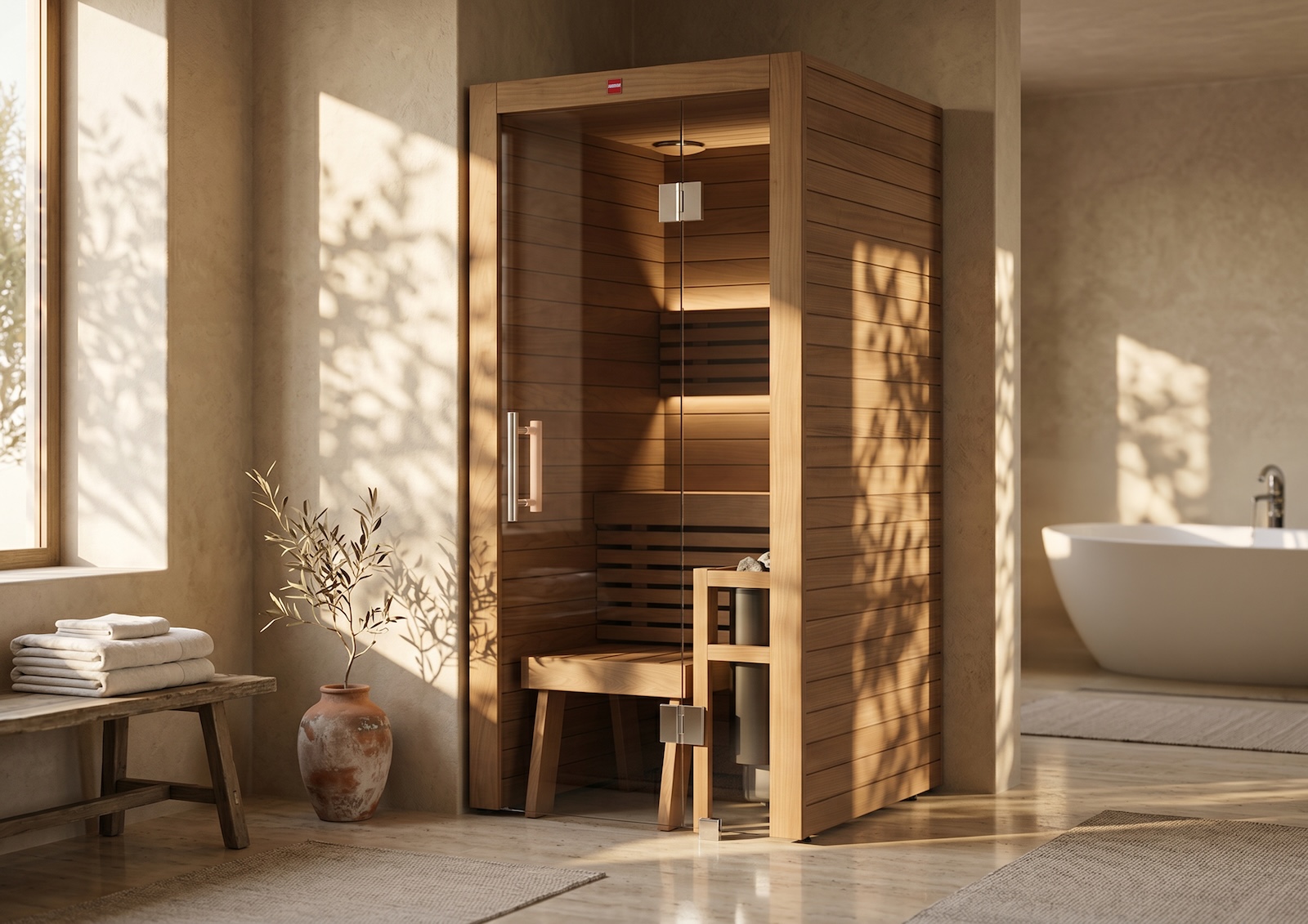 Harvia Utu Mini Saunakabine Design-Sauna aus Thermo-Espe 97x96x206cm inkl. LED Beleuchtung