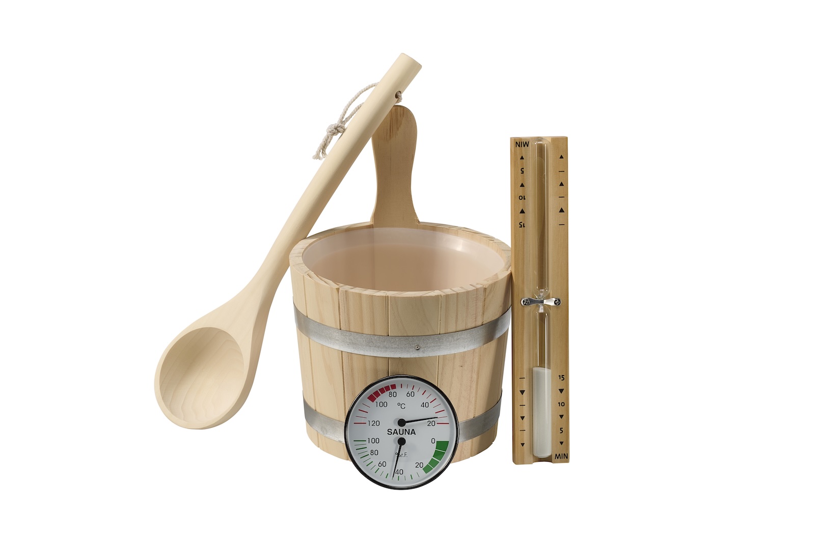 Infraworld Saunaset Lima 5 teilig Aufgusseimer Schöpfkelle Sanduhr Hygrometer