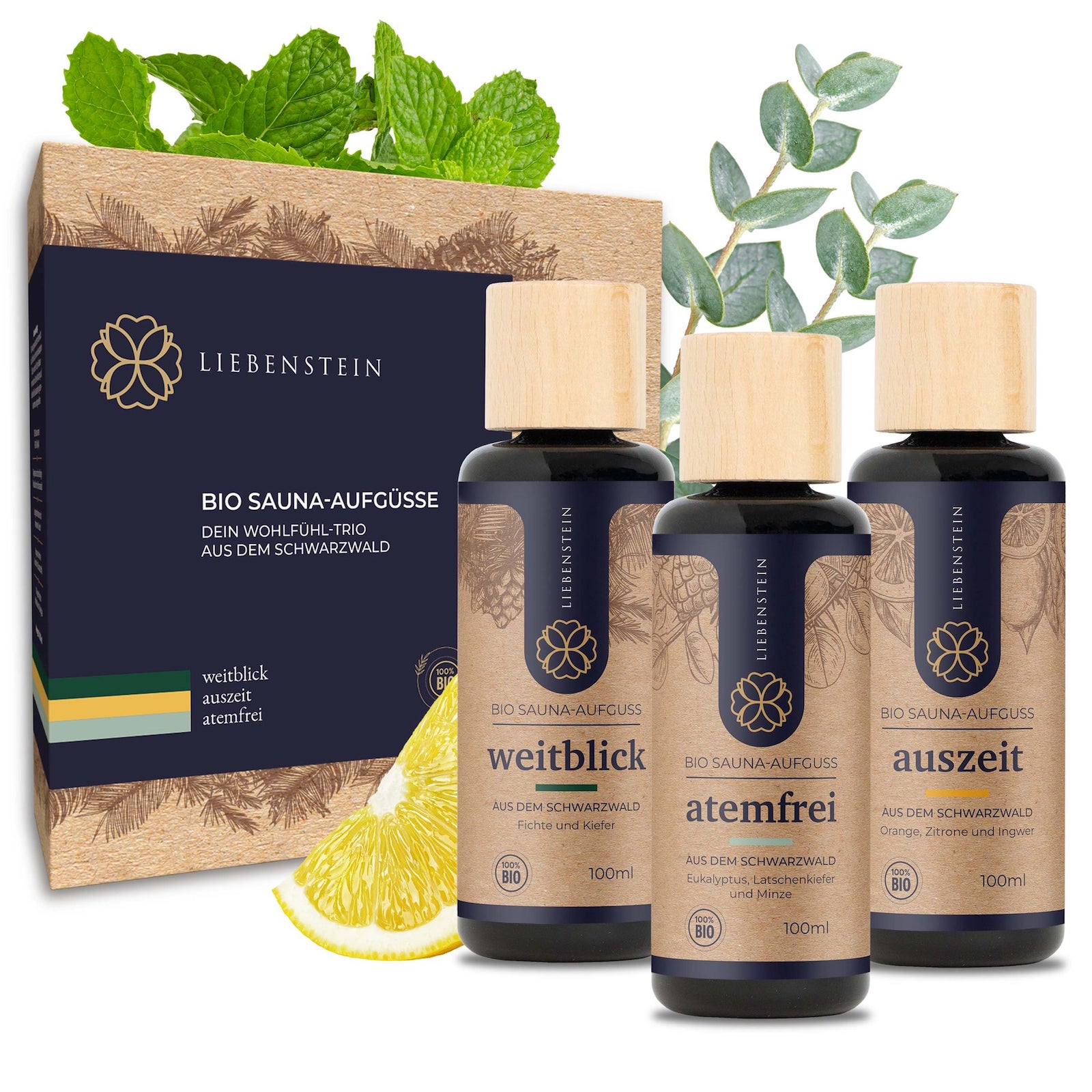 Liebenstein BIO Saunaaufguss SET “Wohlfühl-Trio” - 3x 100ml Sauna Aufguss Liebenstein BIO Saunaaufguss SET “Wohlfühl-Trio” - 3x 100ml Sauna Aufguss