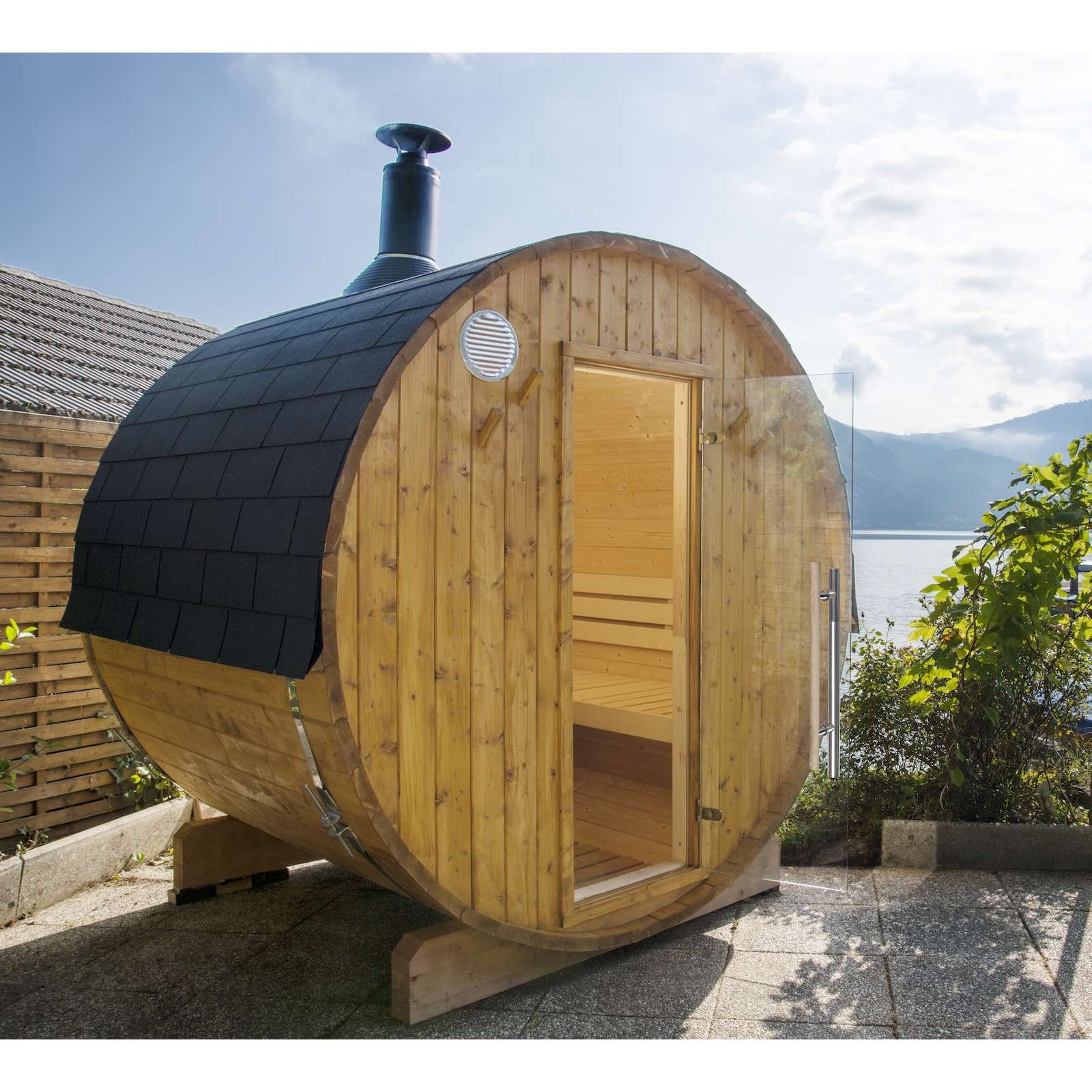 Harvia Kammi 220 Saunafass Outdoor Barrel Sauna 220 x 220 cm Outdoorsauna  aus Fichte | Saunawelt24